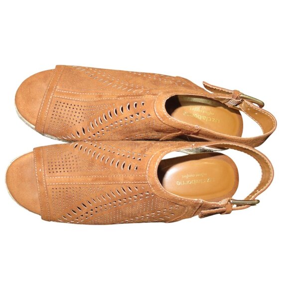 Liz Claiborne Brown Espadrille Leather Lazer Cut Platform Comfort Wedge Sandal 8 - Picture 3 of 11